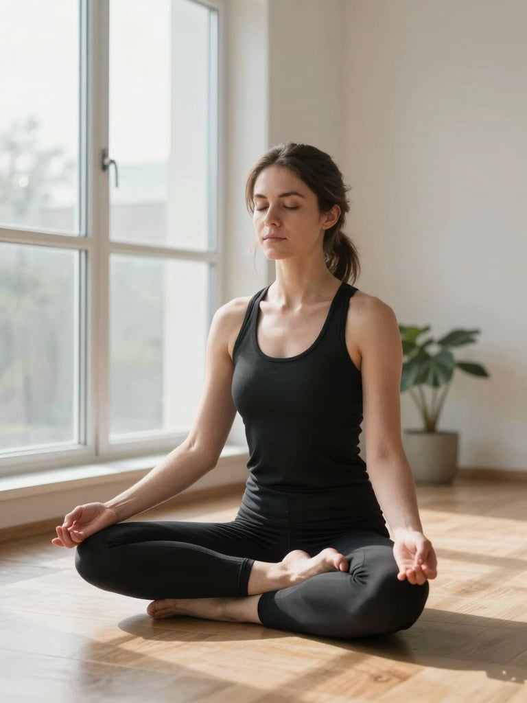 Wide portrait of a woman seated cross-legged on a light wooden floor near a large window, hands resting on knees in a quiet meditation pose, soft morning light falling across her side, clean white interior with a small potted plant visible in the background, calm and unhurried