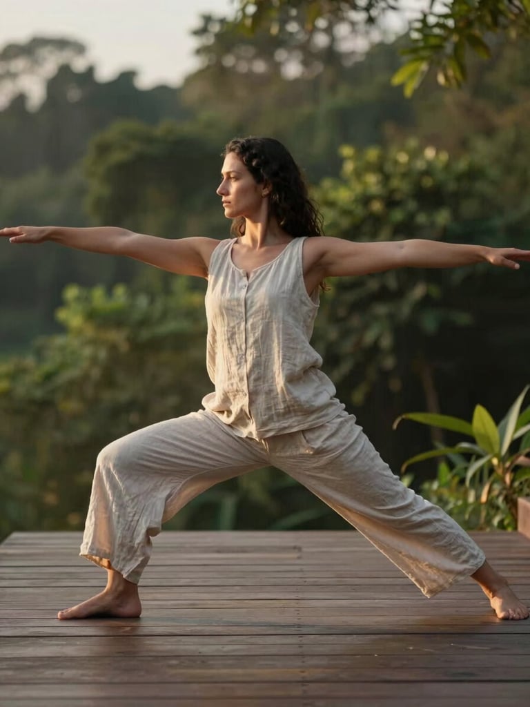 Wide portrait frame — a woman in a low lunge warrior pose outdoors on a wooden deck, surrounded by soft green foliage, golden hour side light, loose linen clothes, body relaxed and grounded not strained