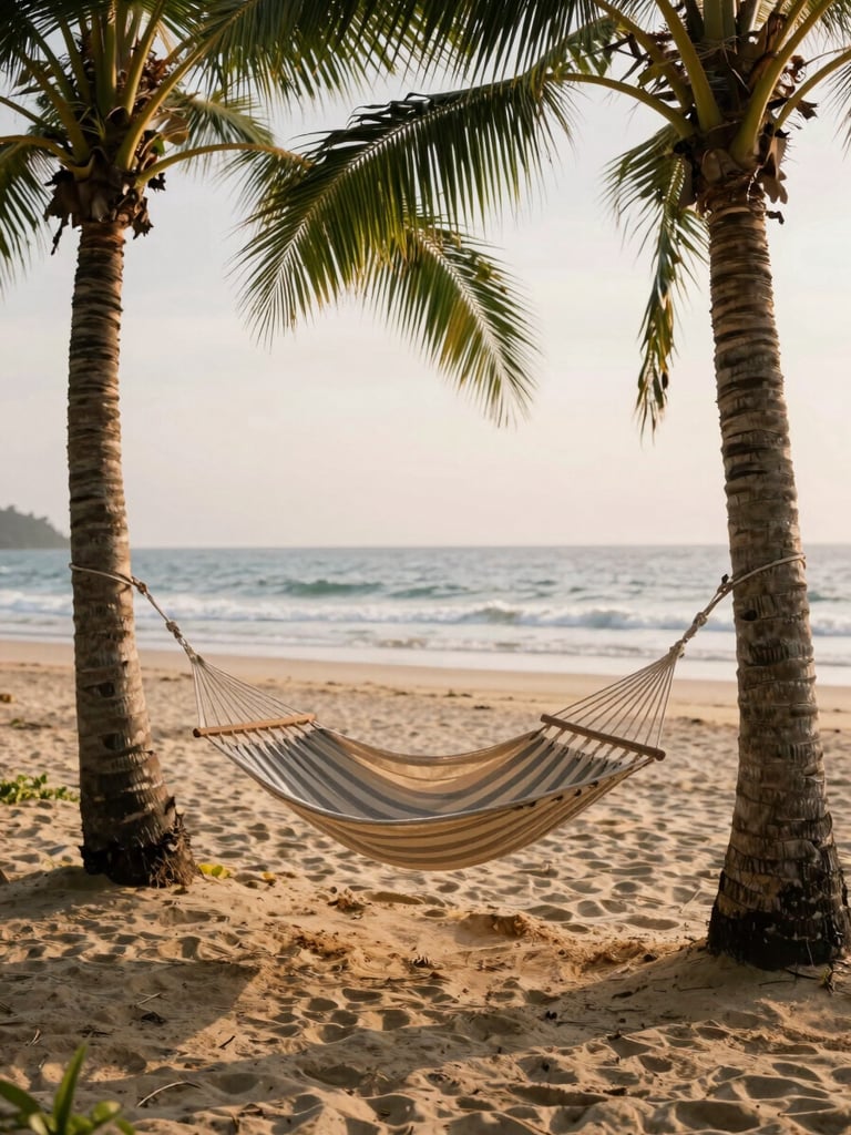A cozy hammock tied between two coconut trees on a quiet sandy beach, soft morning light, gentle waves in the background, warm earthy coastal tones