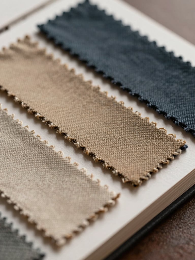 Macro shot of a textile swatch book showing various weaves of heavy-weight cotton, soft warm side lighting, shallow depth of field.