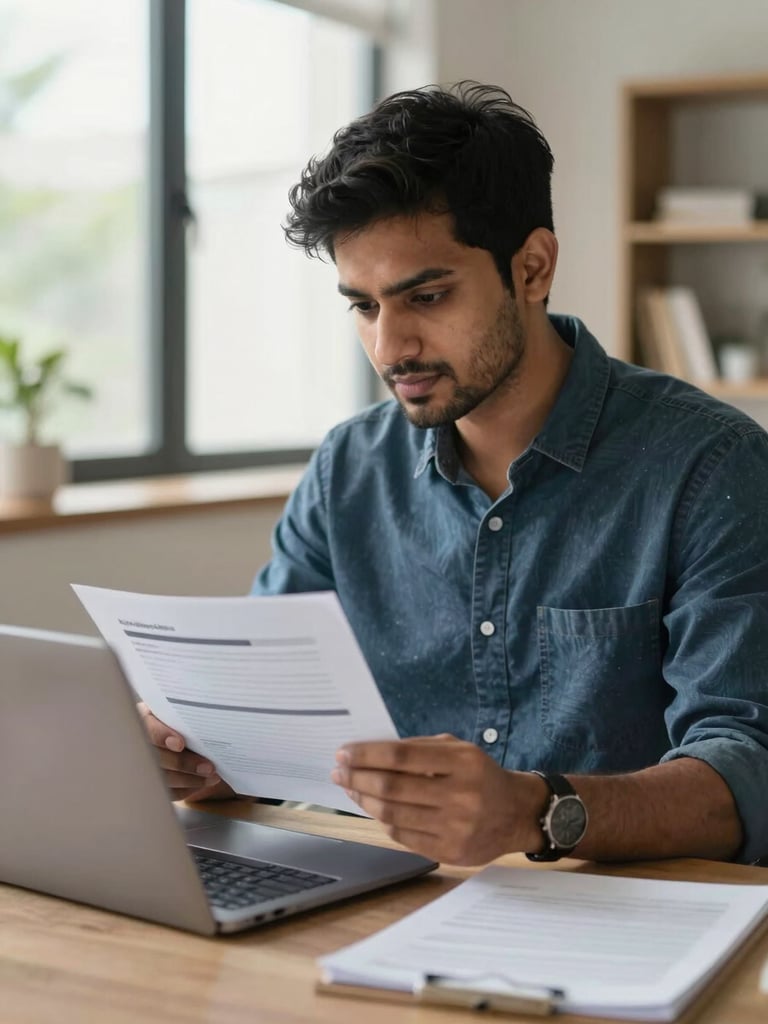Focused Indian young professional in a modern home office with clean daylight, reviewing digital curriculum documents on a laptop, medium close-up, highly professional atmosphere.