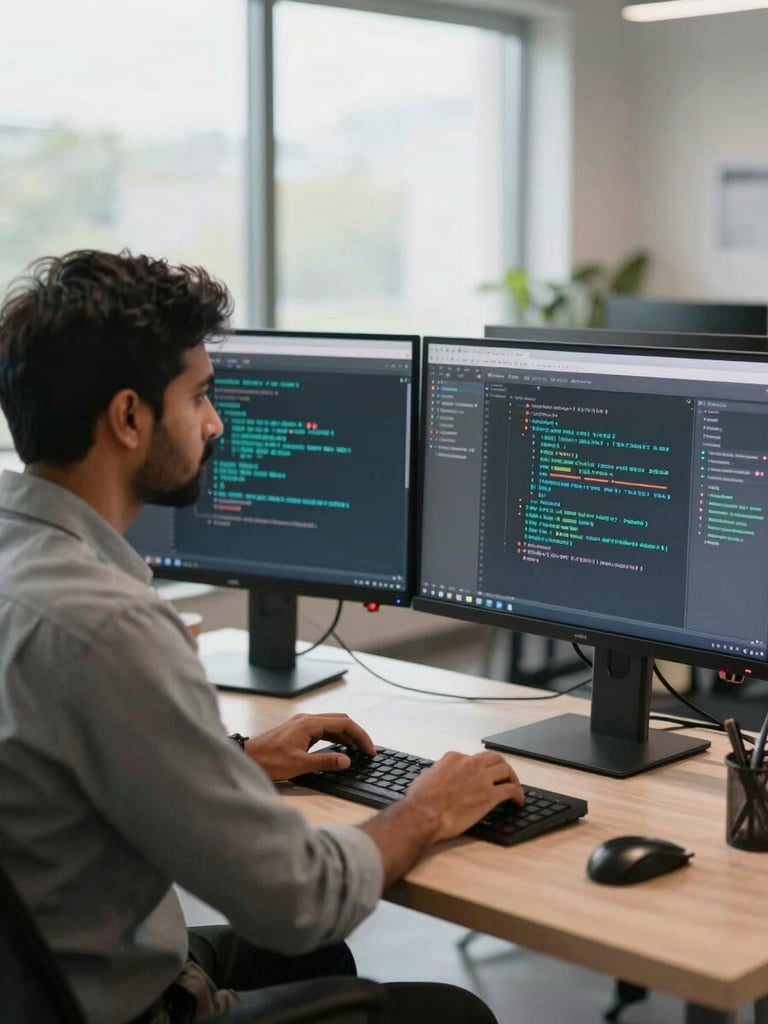 An Indian professional working on a machine learning model on dual monitors in a modern, daylight-filled workspace.