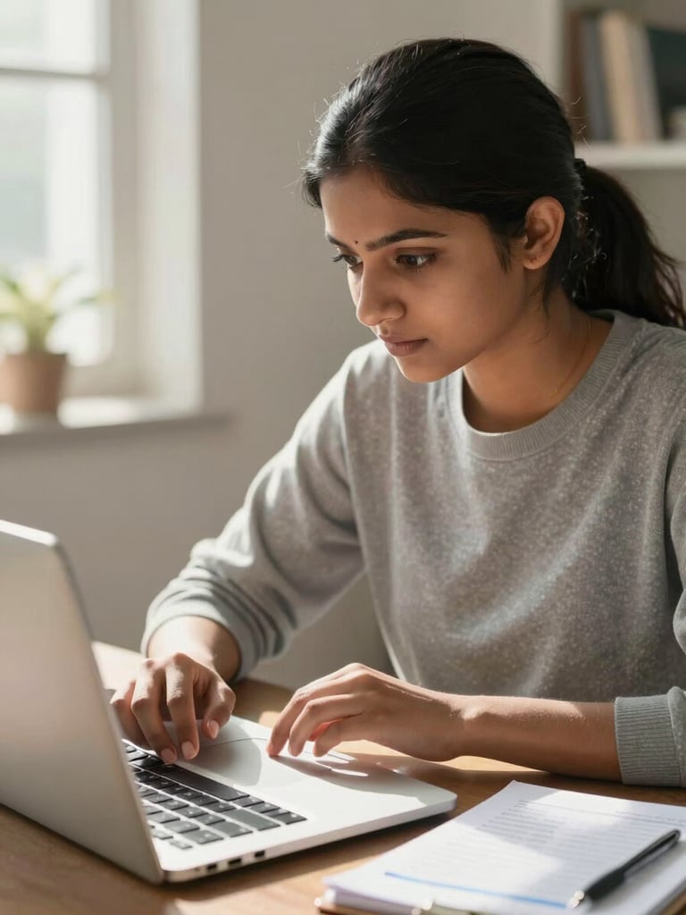 A focused Indian female student studying a digital accounting ledger on her laptop in a bright, sunlit room.