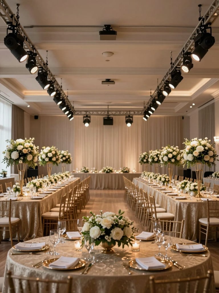 Wide interior shot of a grand ballroom fully dressed for a formal event — long tables with gold-accented linens, structured floral centerpieces, and architectural lighting rigs overhead, shot from a low angle toward the far wall, natural venue light supplemented by warm ambient uplighting