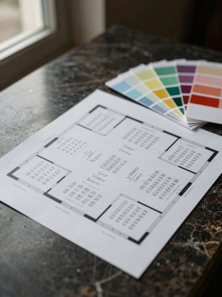 Close-up of a wedding venue floor plan spread on a dark marble surface, pencil annotations on seating chart, color swatch cards fanned beside it, soft window light from the left, no people visible