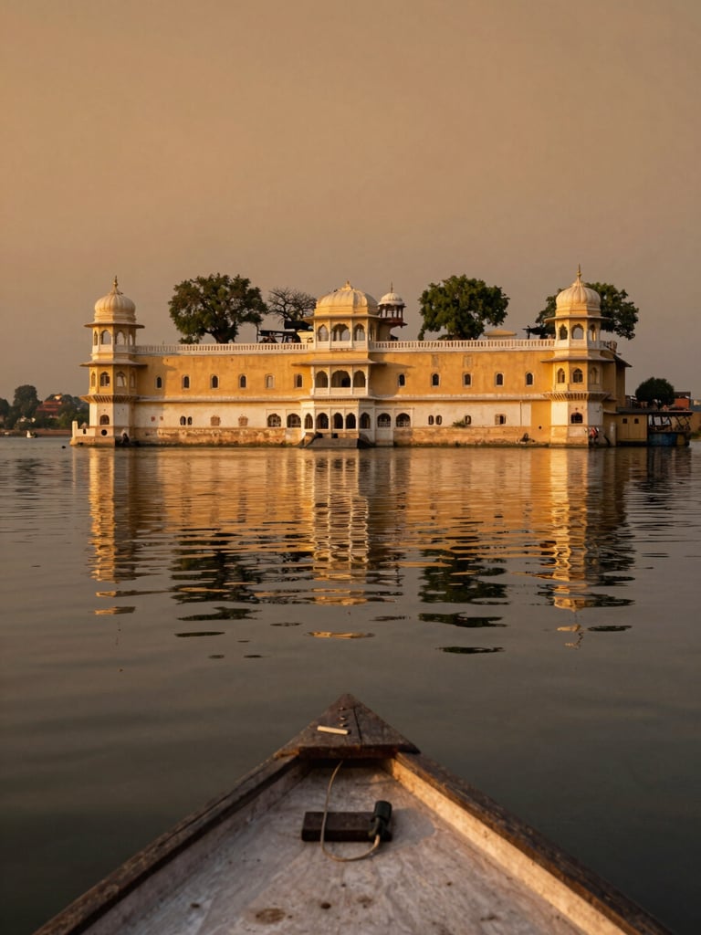 Lake Pichola at dusk from a low boat perspective, the City Palace reflected in the still water, sidelighting catching the palace's white marble surface, warm amber tones in the sky above, no other boats in frame