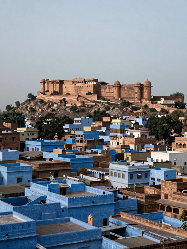 Wide view of Jodhpur's blue-painted old city rooftops at overcast midday, Mehrangarh Fort rising on the rocky hill in the background, no people visible at ground level, muted saturated blues contrasting with the fort's ochre stone