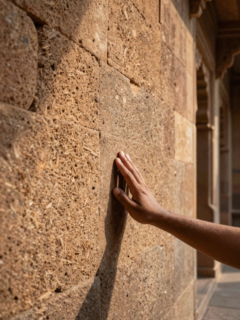 Close view of weathered stone wall in a Rajasthan fort corridor, afternoon sidelight raking across the carved sandstone surface, a traveler's hand resting on the texture, depth of shadow beyond