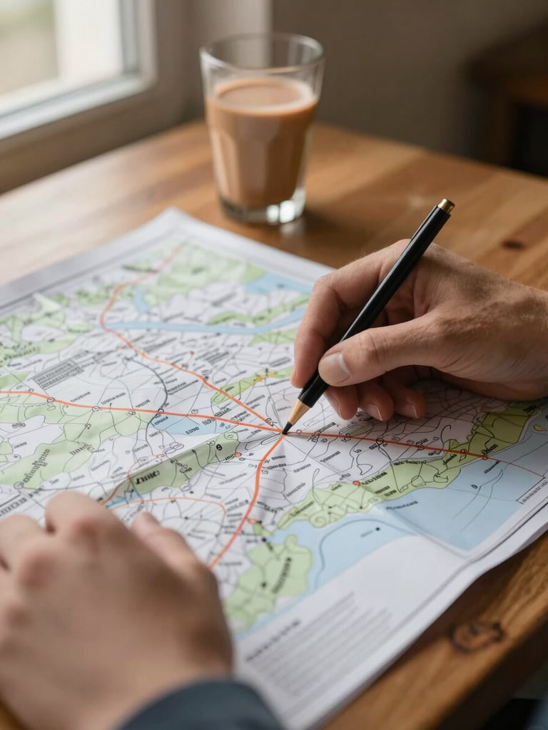 Close-up of a traveler's hands tracing a paper route map on a wooden table, chai glass visible at the edge of frame, warm window light from the left, shallow depth of field on the map's printed lines