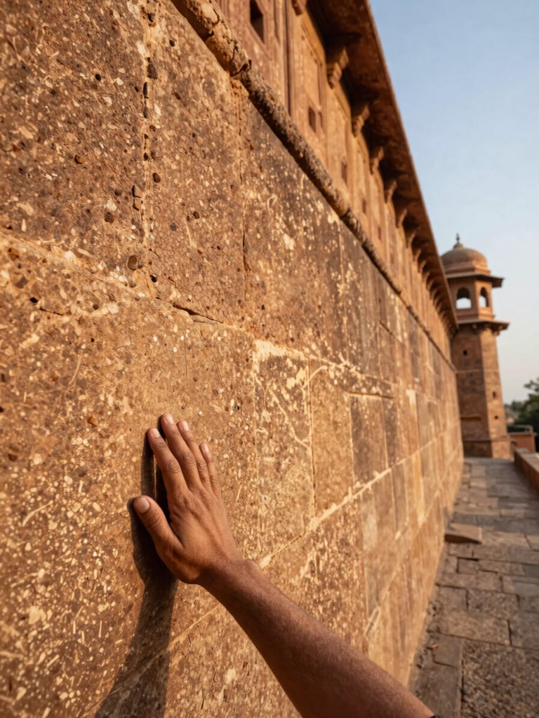 Wide shot from a low angle, a Rajasthan fort wall receding to the right, a traveler's hand tracing weathered sandstone in the foreground, golden-hour sidelight raking across the stone texture, long shadow, deep warm tones