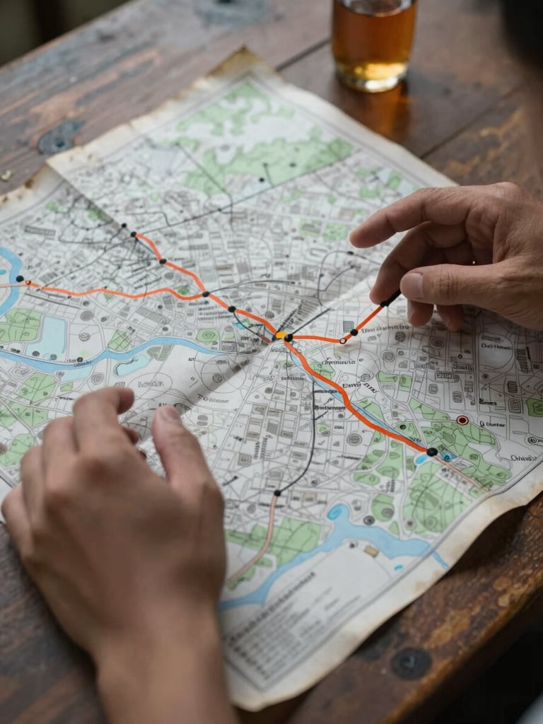 Overhead environmental shot, a worn paper map spread on a wooden chai-house table, two hands gesturing across a route, glass of tea visible at the edge, overcast diffused light, intimate and practical mood