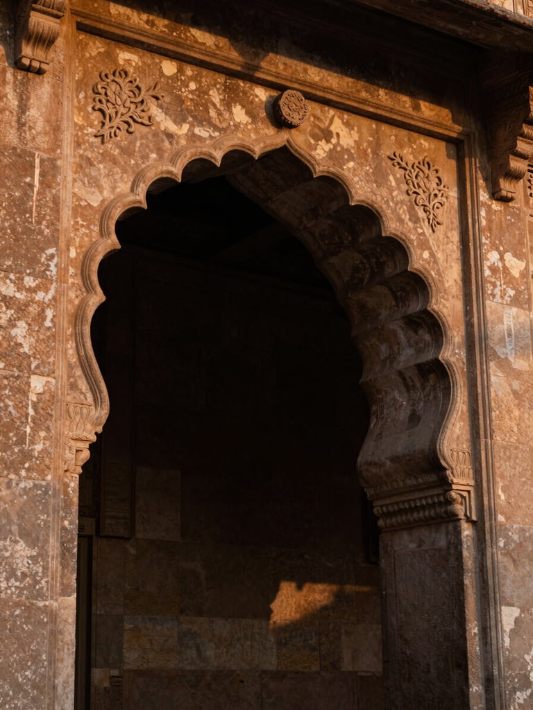 Close-up of weathered Rajasthan stone archway at sidelighting dusk, deep shadows carving the carved floral detail, warm amber and charcoal tones, no people, intimate architectural texture