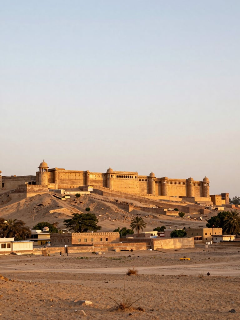 Wide panoramic view of a Rajasthan fort rising from desert plains at golden hour, walls glowing amber against a vast pale sky, taken from a low angle far left of frame with generous open landscape to the right