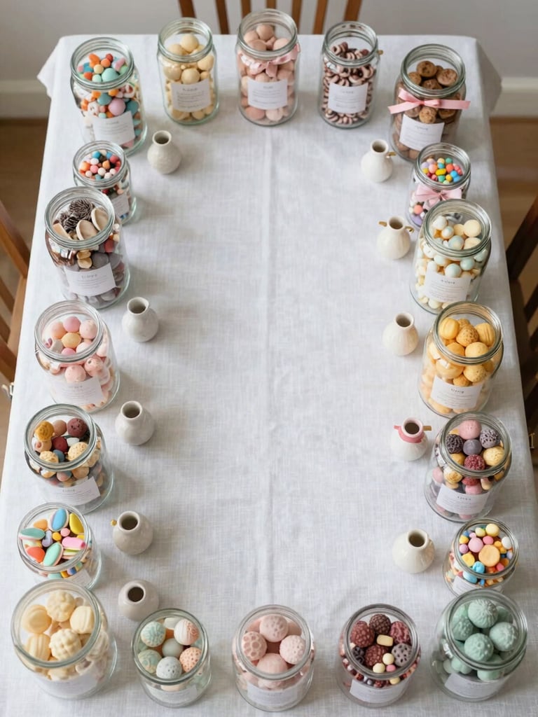 Wide overhead flat lay of a fully styled children's candy table, photographed from directly above against a clean white linen surface. Symmetrically arranged glass apothecary jars of varying heights filled with pastel confections, uniform custom labels, small ceramic vessels, and coordinated ribbon accents. Bright north-facing natural daylight, no shadows, no people, empty and finished.