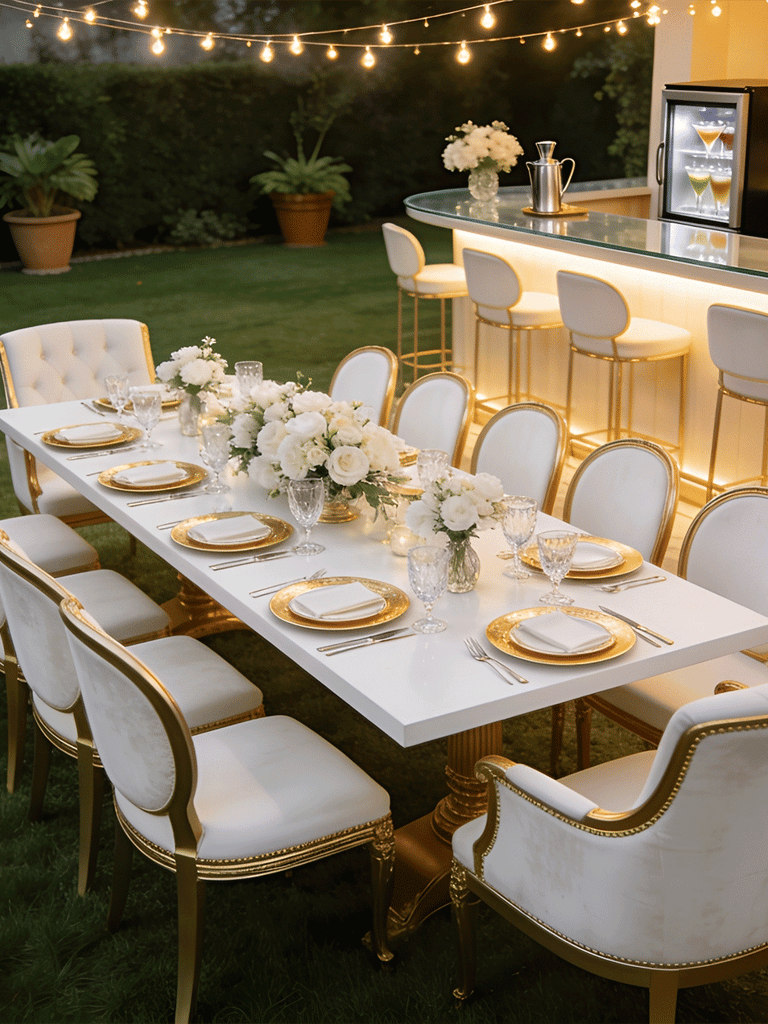 decoracion jardin blanco y dorado noche