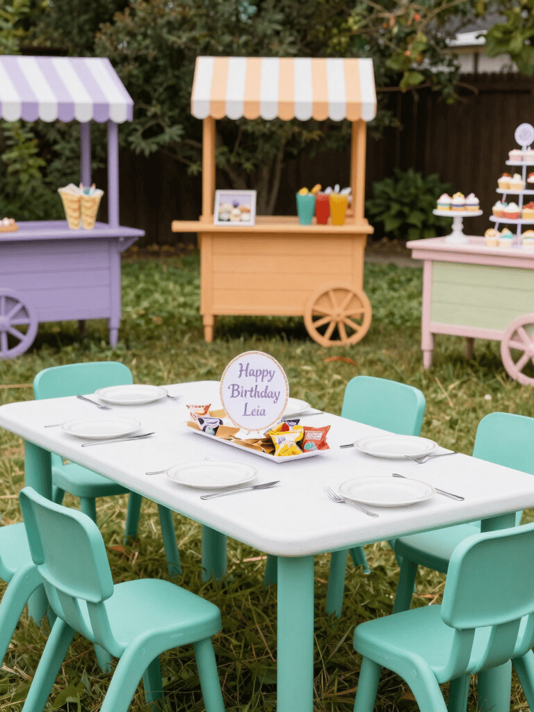 Wide environmental shot of a styled snack cart station photographed empty, natural daylight, no people—white vintage-style cart with tiered shelves holding small kraft paper cones, coordinated snack jars, and a chalkboard tag panel, soft shadow on a light cream floor, negative space to the right
