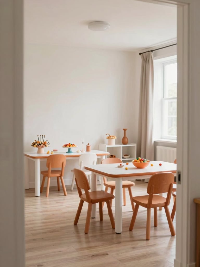 Portrait-format environmental photograph of a complete children's party room shot from the doorway threshold: candy table in the background, furniture grouping in the foreground, coordinated terracotta and white palette throughout, room empty and fully styled, bright natural daylight flooding from the right side, generous negative space at the top of the frame