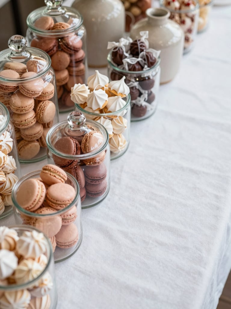 Close-up overhead shot of a styled candy table surface under bright natural daylight—glass apothecary jars filled with macarons, meringues, and wrapped sweets arranged in a coordinated blush and terracotta palette, white linen tablecloth, ceramic vessels, generous negative space on the right