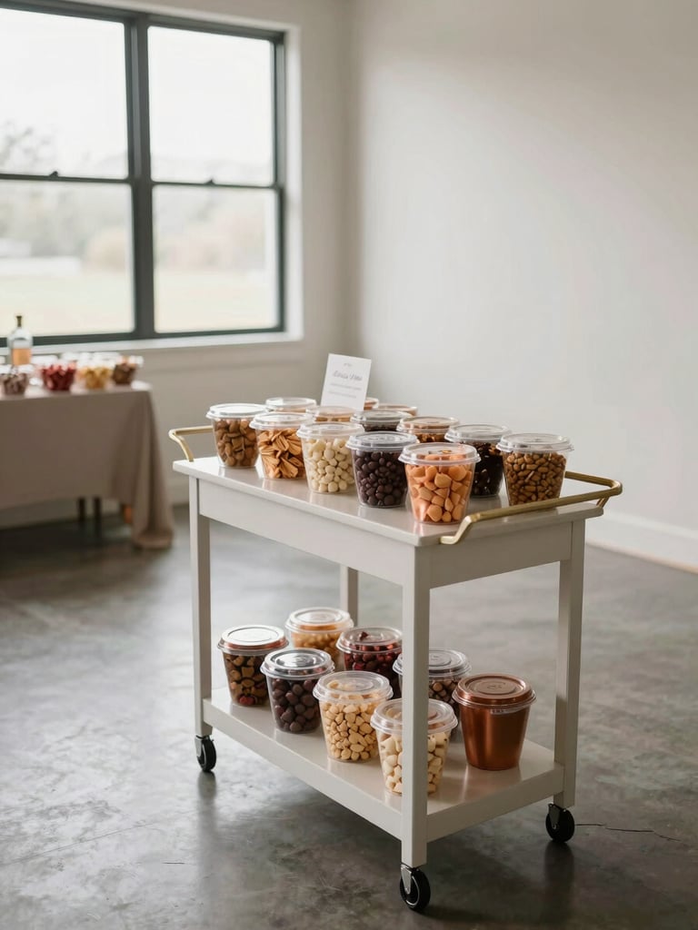 Three-quarter-angle view of a styled snack cart photographed in an empty party room under bright natural daylight from a north-facing window; the cart surface holds neatly arranged snack vessels in a coordinated neutral-and-copper palette, with a small hand-lettered sign on the cart shelf; wide environmental context shows the room floor and a fragment of the candy table in the background; clean, editorial framing with generous space to the right