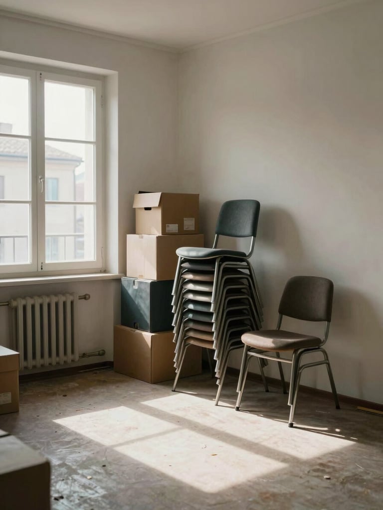 Wide shot looking into a half-cleared apartment room in a Mantua building, stacks of chairs and boxes piled along one wall, a bare floor partially visible, natural window light casting across the scene, no people posing