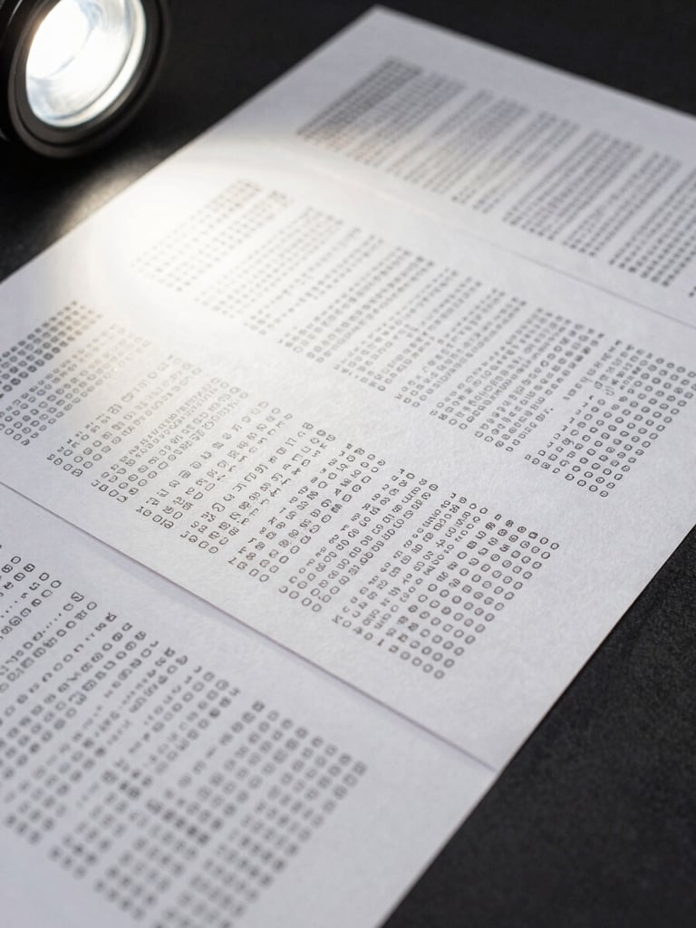 Extreme close-up overhead flat-lay of printed blockchain transaction records and wallet address logs spread across a matte black desk, studio strobe lighting, sharp forensic detail, no people