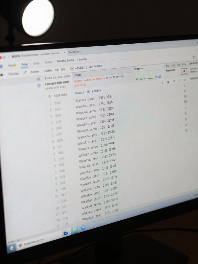 Extreme close-up of a computer monitor displaying blockchain transaction records with wallet addresses and transfer amounts, shot from slightly above in a darkened room with a single white studio strobe illuminating the screen, forensic detail visible, matte finish
