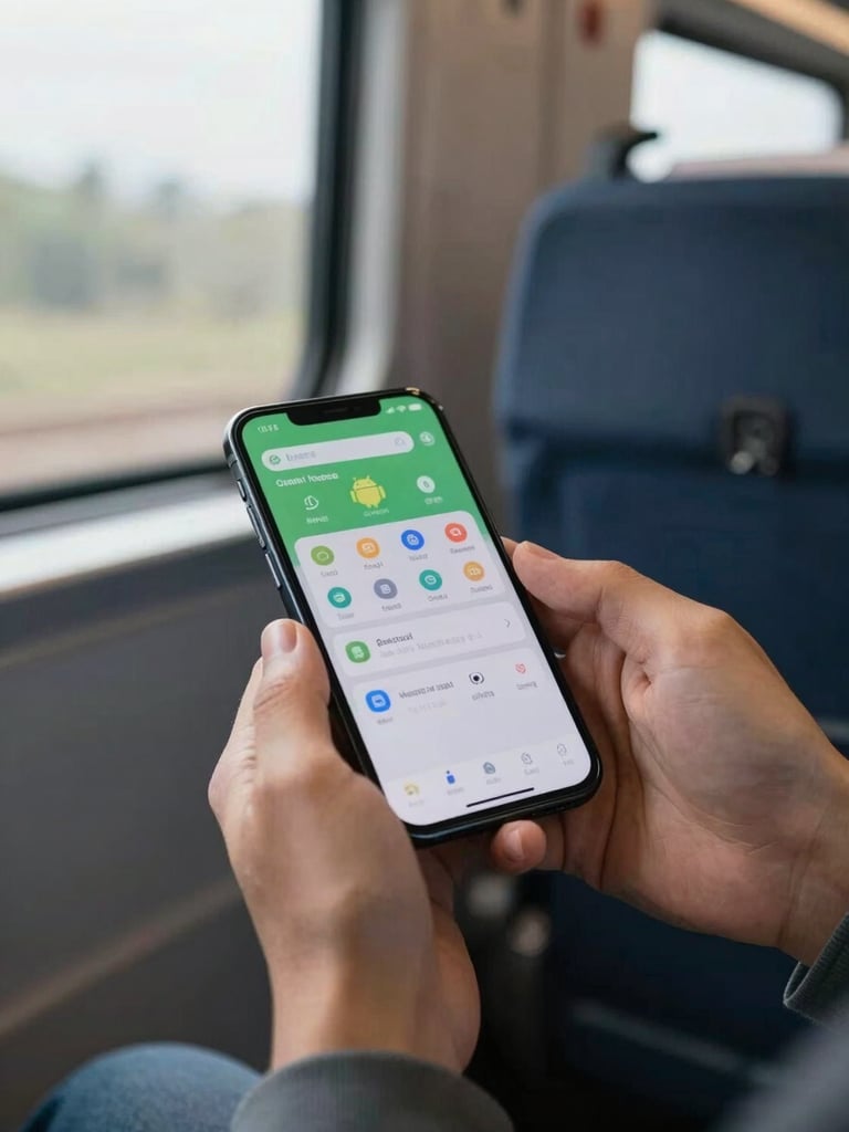 Close-up of hands cradling an Android phone on a commuter train, natural morning window light, app interface softly visible on screen, blurred seat backs in background