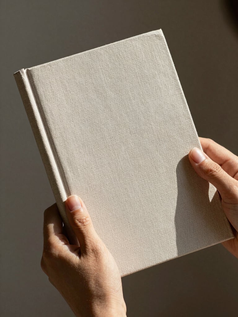 Hands carefully holding a linen-bound brand book, showcasing the textured fabric cover and elegant blind debossing under soft morning light.