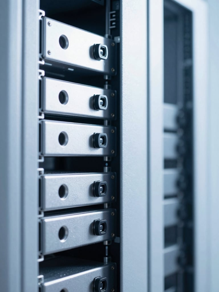 Macro photography of secure server racks, cool blue ambient light, sharp technical shadows, clean minimalist aesthetic.