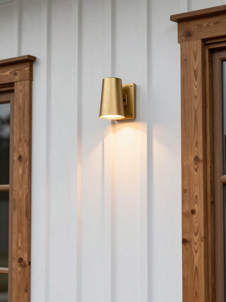 Close-up of a modern farmhouse exterior showing vertical white board and batten siding, warm wood accents, and a gold-tinted industrial wall sconce lighting up the texture