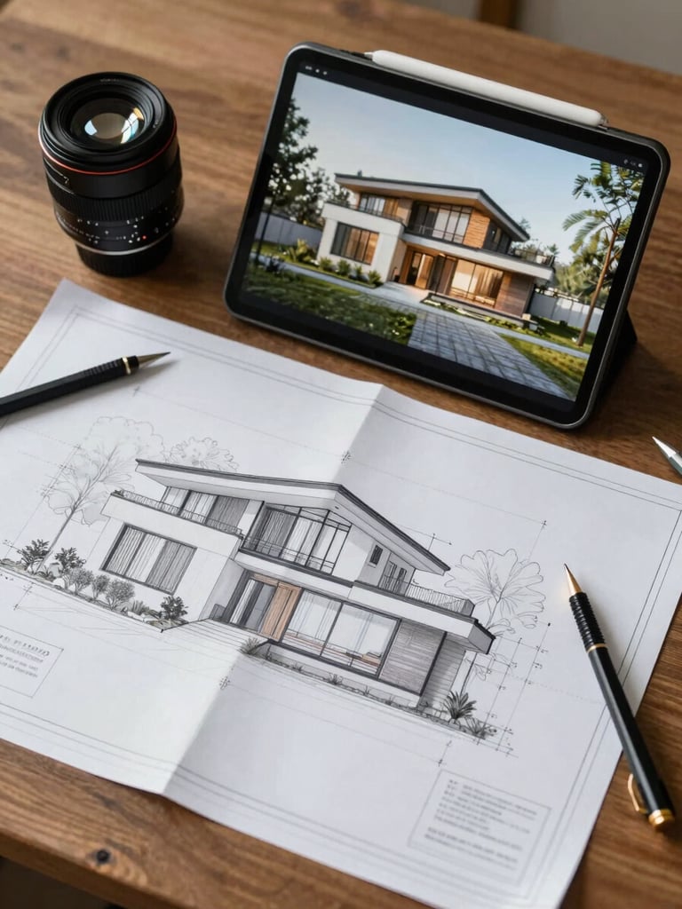 Top-down flatlay of architectural blueprints on a wooden desk, digital tablet showing a 3D perspective render of a modern house, professional drafting tools