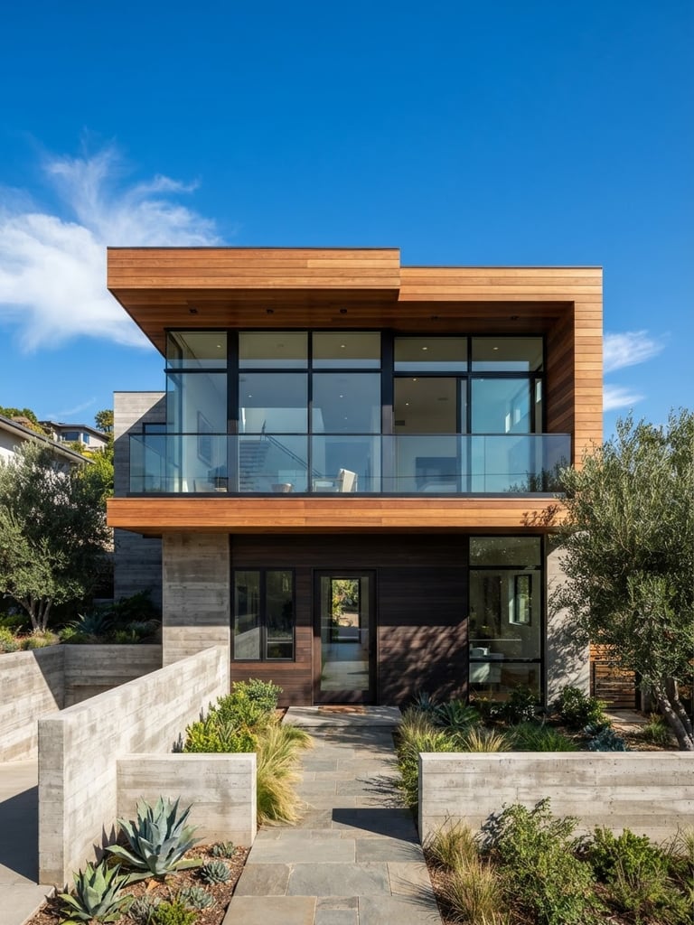 High-contrast architectural photograph of a modern residential home facade under bright daylight, clean concrete and warm wood accents, sharp focus