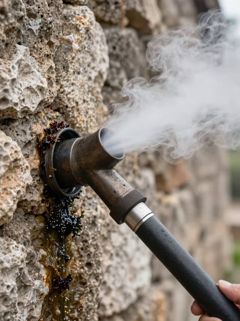 Close-up medium shot of a steam nozzle held close to a Corsican stone wall, a fine jet of steam lifting dark algae from the porous surface, soft overcast daylight, wet stone texture visible in sharp detail