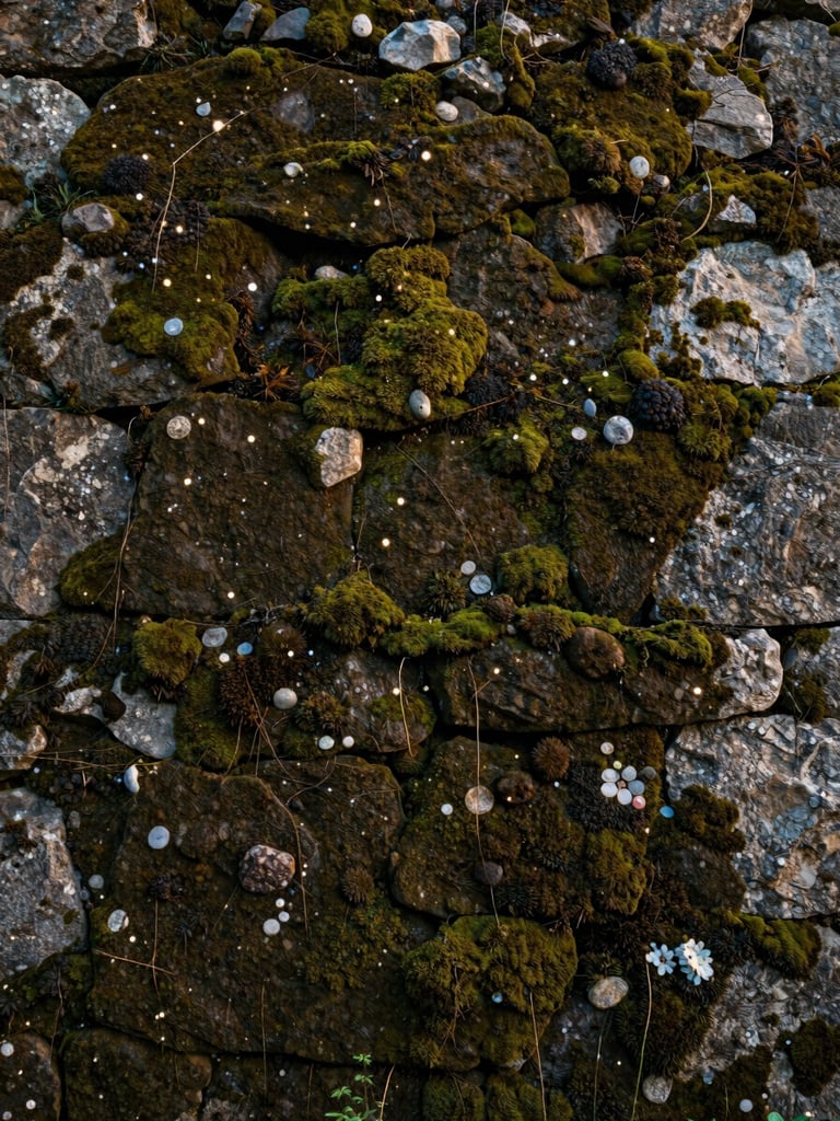Wide shot of a Corsican stone façade heavily colonised by dark algae and green moss, soft morning light from the left revealing the full texture of the affected surface, no people, documentary framing