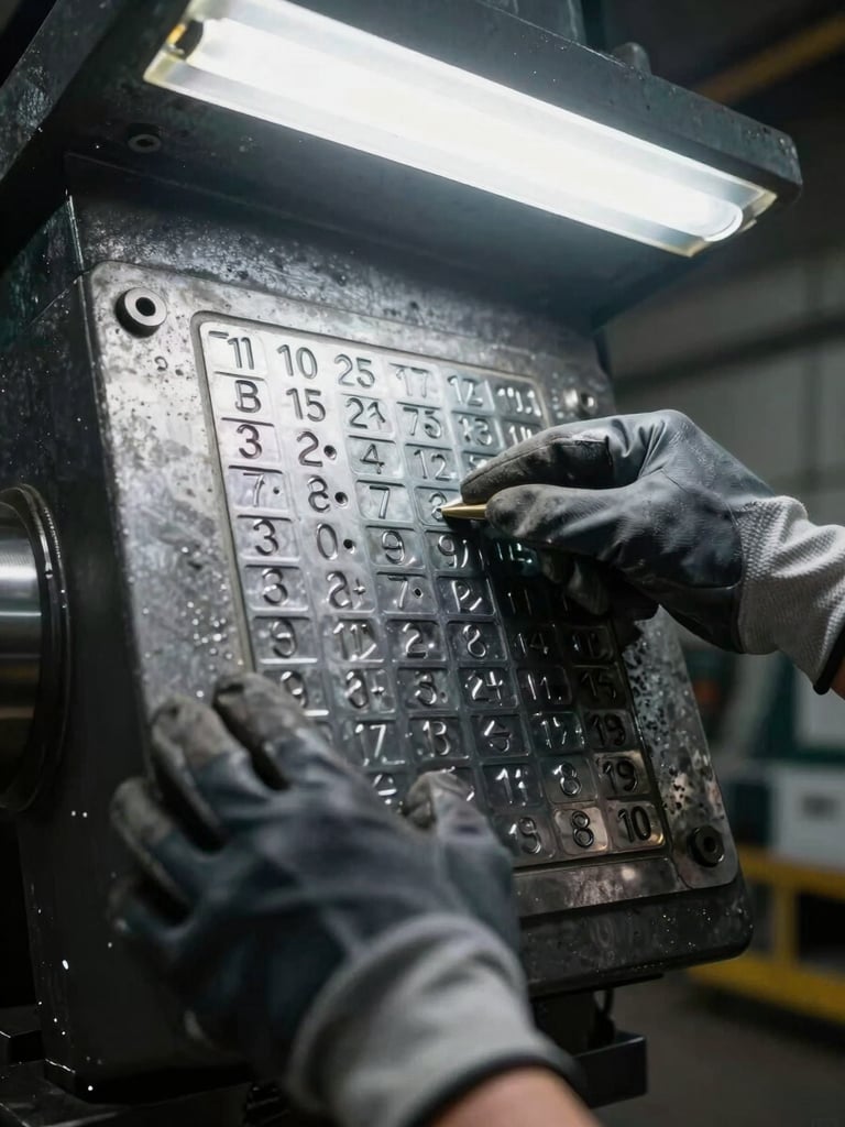 Extreme close-up from slightly above — gloved hands pressing a metal serial identification plate affixed to a heavy industrial component, sharp overhead workshop fluorescent lighting casting hard shadows, deep focus on stamped alphanumeric characters and raw steel surface texture, dark industrial floor visible at edge