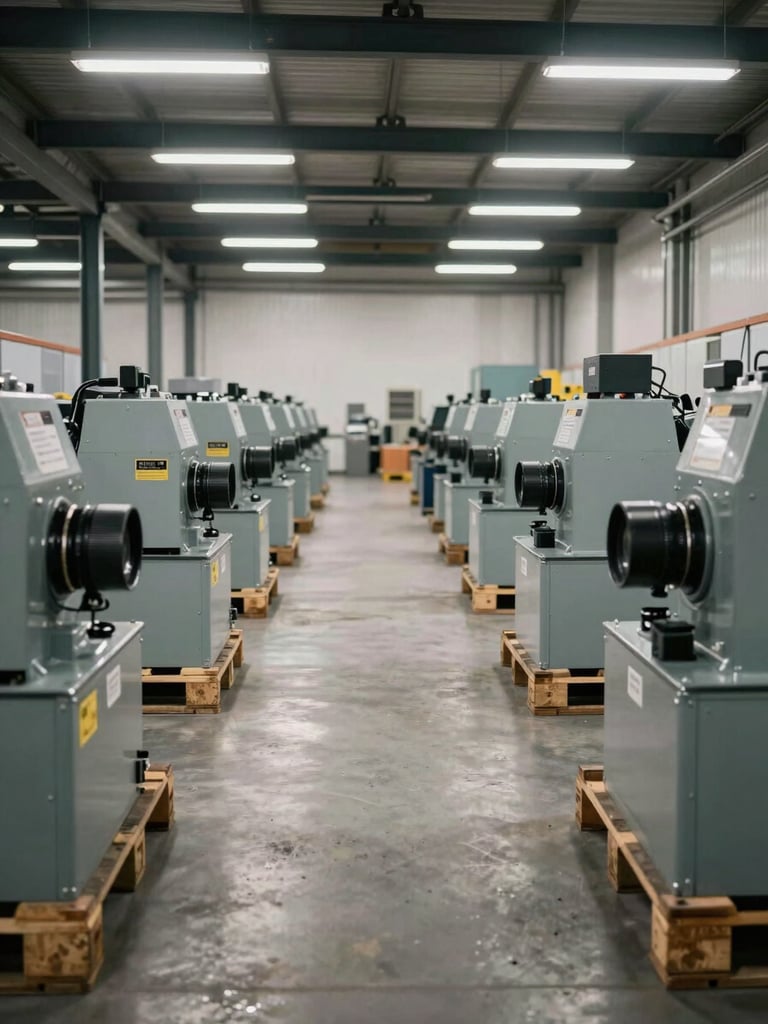 Wide environmental shot of a clean organized warehouse bay, rows of heavy industrial machinery on pallets under high-bay fluorescent lighting, serial number tags visible on equipment, deep perspective receding to far wall