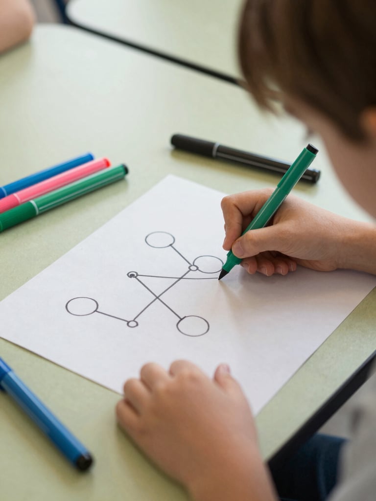 Close-up of a child's hands sketching a simple logic model on paper, colorful markers, warm classroom lighting, natural daylight, 35mm lens