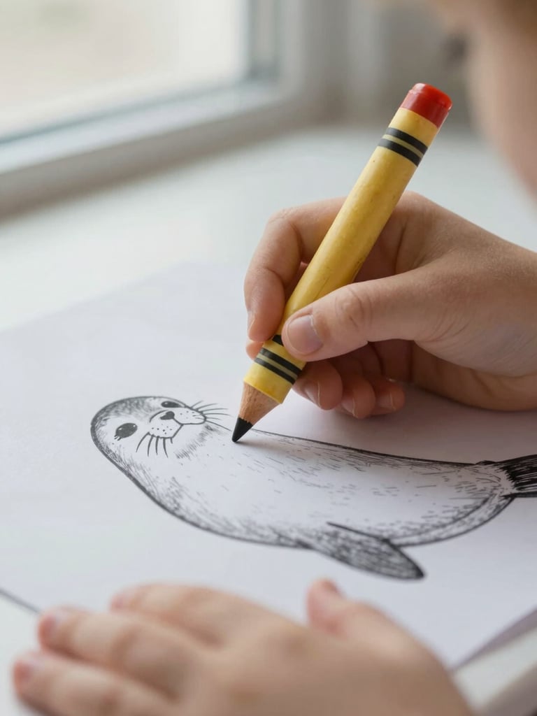 Close-up macro shot of a young child's hands holding a fat beeswax crayon over a clean black-and-white line drawing of a seal pup, soft morning light
