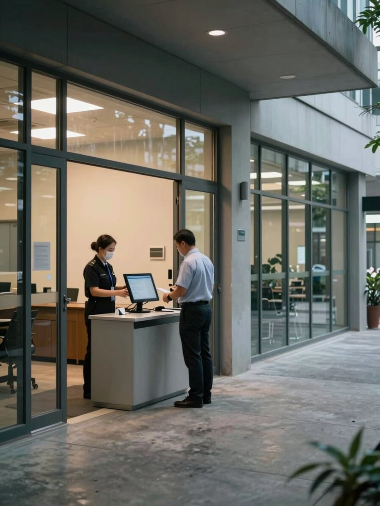 Wide interior corridor of a corporate building, a porteiro in uniform at the entry control desk reviewing credentials on a monitor, glass facade to the right, concrete floor, available interior light showing operational clarity