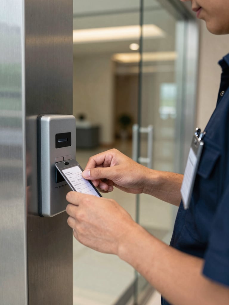 Close-up environmental shot of a porteiro's hands operating an electronic access control panel at a building entry point, credential badge visible on uniform lapel, polished steel and glass lobby visible in background, available interior light showing the operational workspace without softening