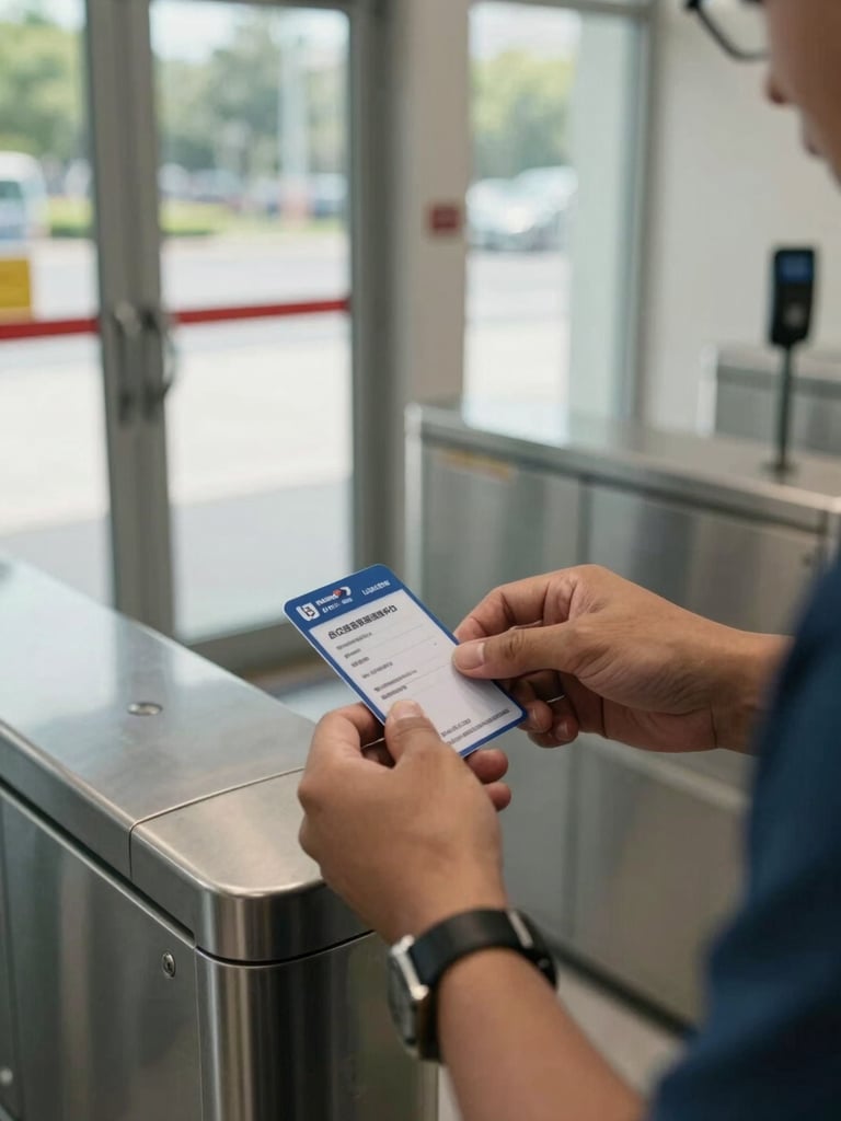 Close environmental shot of a porteiro's hands checking an access credential badge at a building entry checkpoint, steel turnstile in background, natural daylight through glass doors, no eye contact