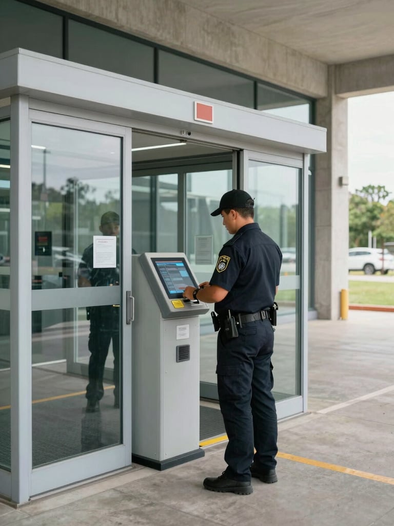 Wide environmental shot of a porteiro in dark uniform standing at a secured glass entry checkpoint, reviewing an access control panel, concrete and steel architecture visible, natural daylight from exterior, operational context clear, no eye contact with camera