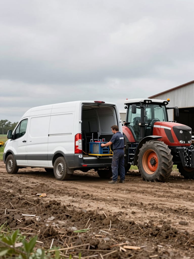 Wide shot from the left side: a white diagnostic van parked beside a large tractor on a working farm, technician unloading equipment from the van's open rear doors, overcast natural daylight, muddy yard and barn in the background, no posed figures