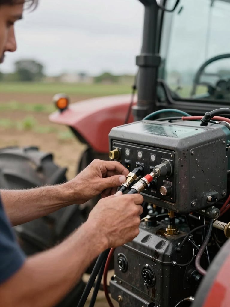 Close-up of a technician's hands operating diagnostic equipment attached to a tractor engine in open farm daylight, cables and connectors visible, grease-worn metal surfaces, natural overcast light, documentary framing