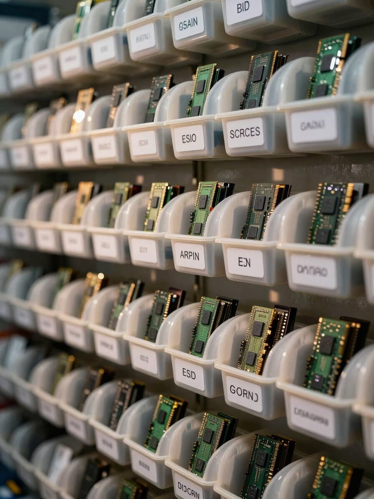 Close-up of a wall of labeled plastic parts bins in a repair shop, each bin holding RAM sticks, SSDs, and connectors in organized rows, warm tungsten overhead lighting casting short shadows, shallow depth of field pulling focus to the nearest bin labels