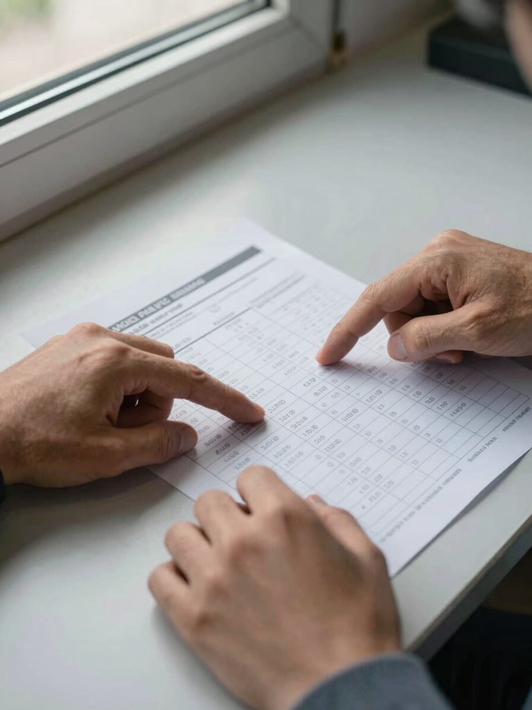 Close-up of hands spreading out a printed vehicle payment schedule on a desk, natural daylight from a side window, fingers pointing at monthly installment figures, muted administrative setting, documentary style