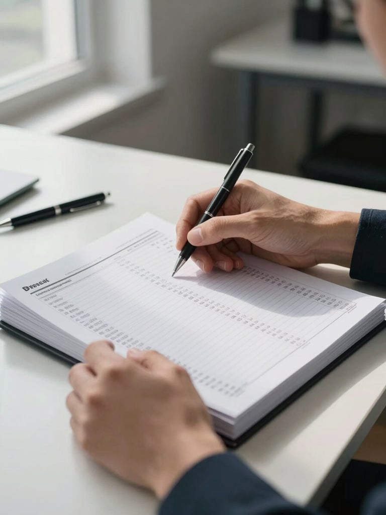 Close-up of hands turning pages of a printed payment schedule on a desk, natural office window light from the left, pen resting nearby, clean administrative setting