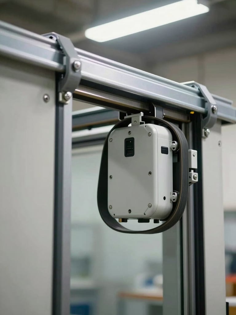 Extreme close-up of the interior mechanism of a commercial automatic sliding door — steel track, drive belt, and sensor housing exposed, bright overhead workshop lighting revealing every component in sharp detail, no people, documentary framing