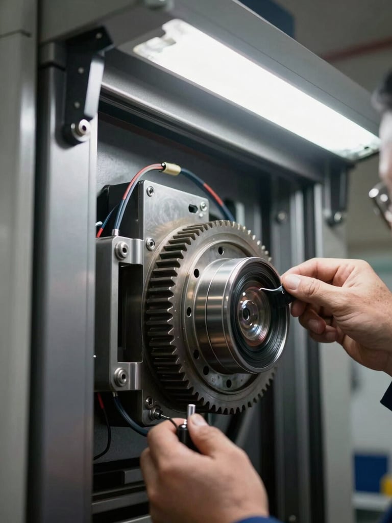 Extreme close-up of an automatic sliding door's internal drive mechanism — steel gears, wire harness, and sensor bracket under bright overhead industrial lighting, hands of a technician mid-diagnosis visible at the edge of the frame, precise documentary framing