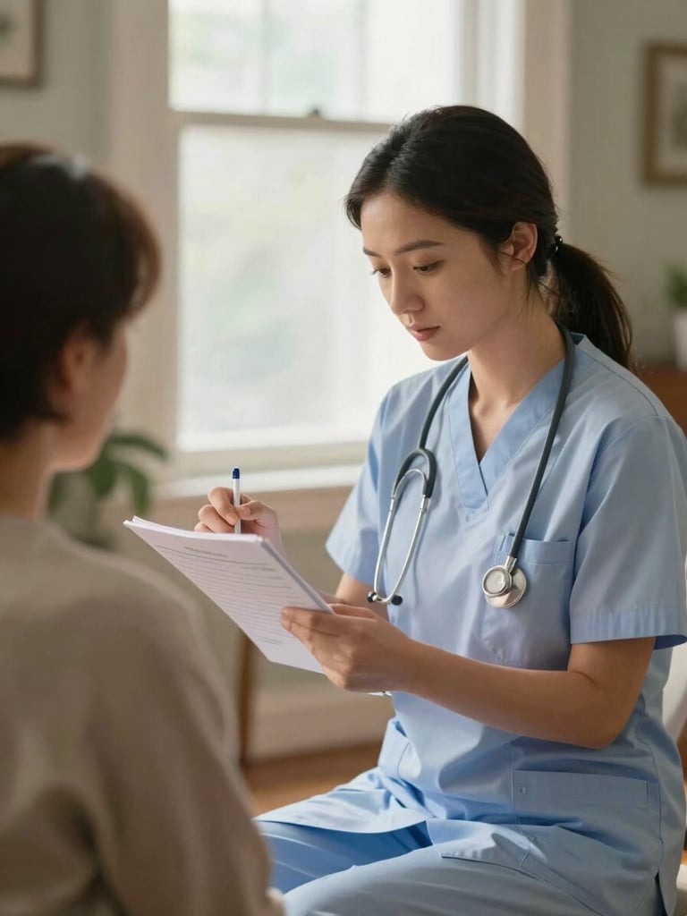 A registered nurse meticulously preparing a patient's medication chart in an elegant, sunlit New Jersey home, warm editorial healthcare photography, shallow depth of field
